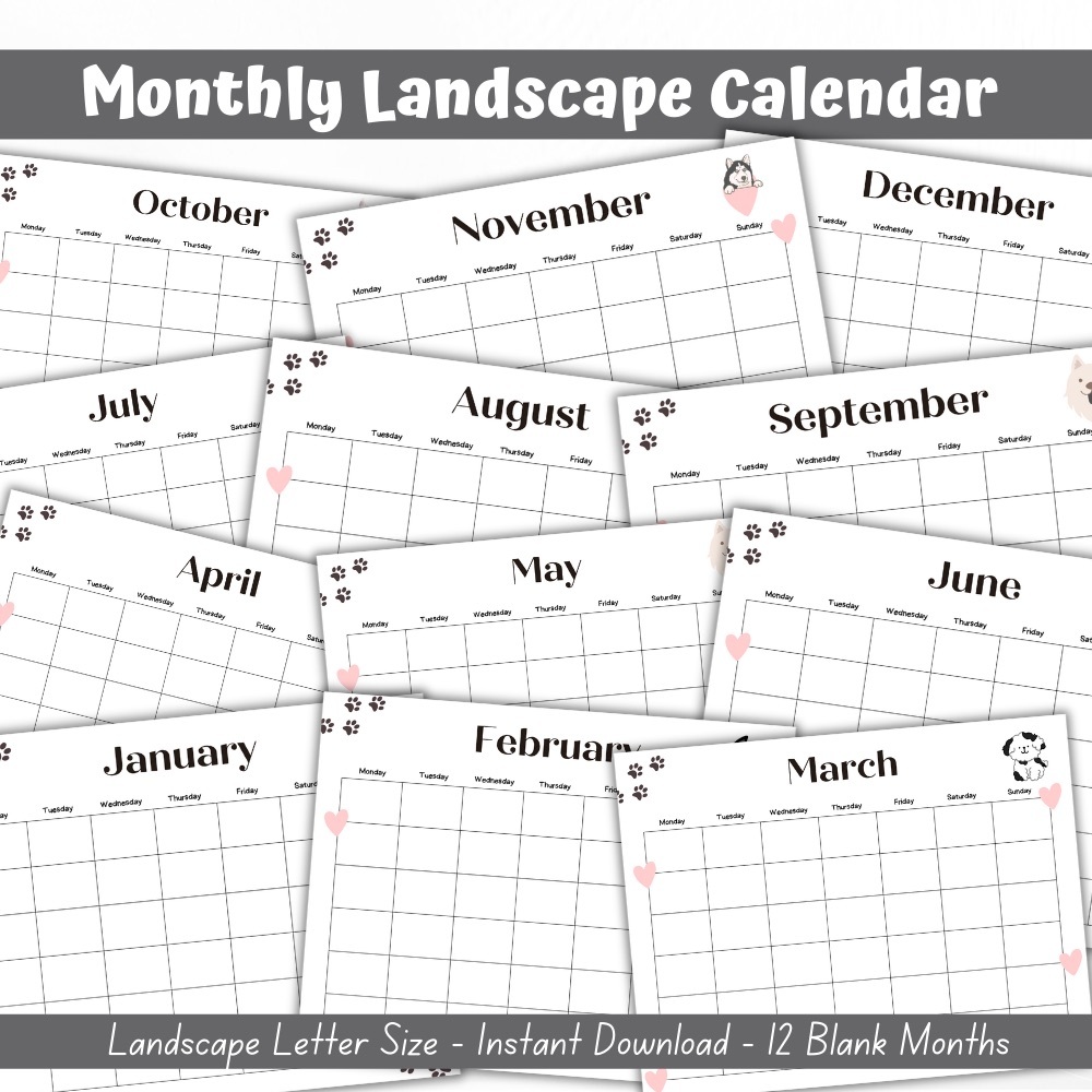 Monthly Landscape Calendar - Black and White